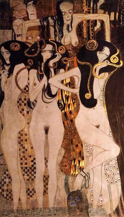 Gustav Klimt (1862-1918): Beethovenfries: 'Die feindlichen Gewalten' (Detail: Die drei Gorgonen: Krankheit, Wahnsinn, Tod.), 1902