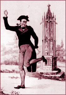 Nestroy als Bertram in »Robert der Teuxel«, Kolorierter Kupferstich von Geiger nach einem Aquarell von Schoeller, 1838