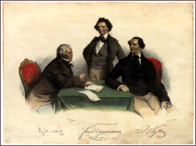Wenzel Scholz, Karl Treumann und Nestroy, Lithographie von Joseph Kriehuber, 1855